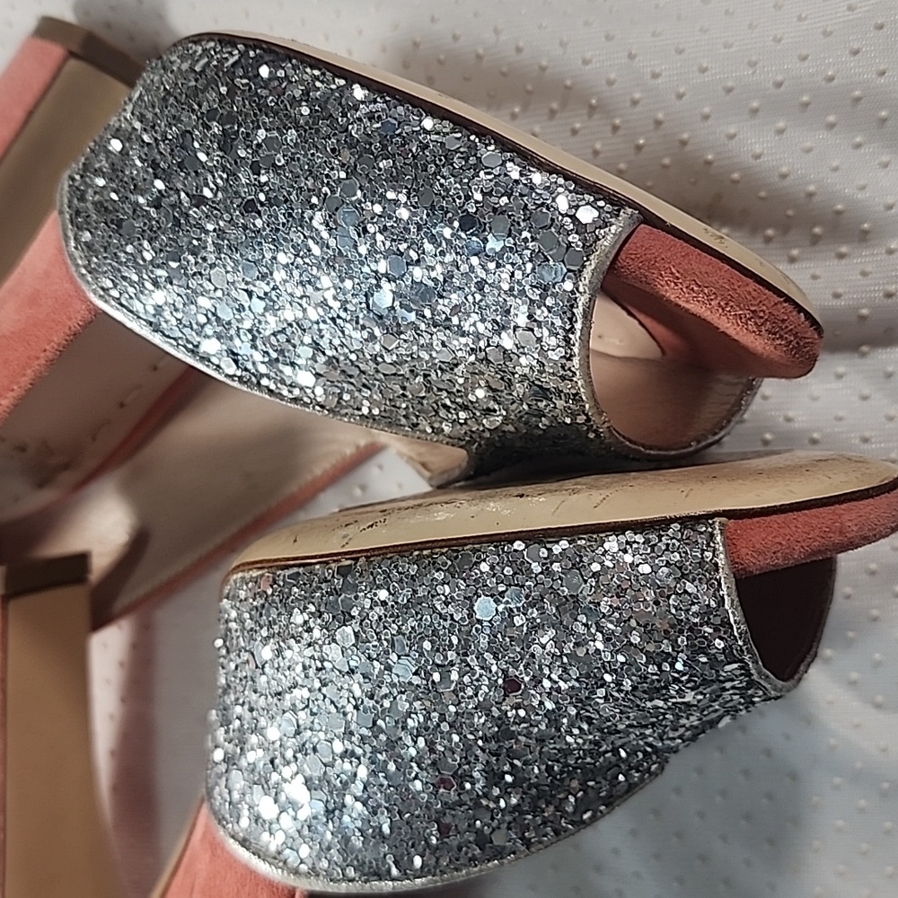 Miu Miu Silver Coral Coarse Glittery and Suede Peep Toe Pumps Heels. 37 - Picture 12 of 13